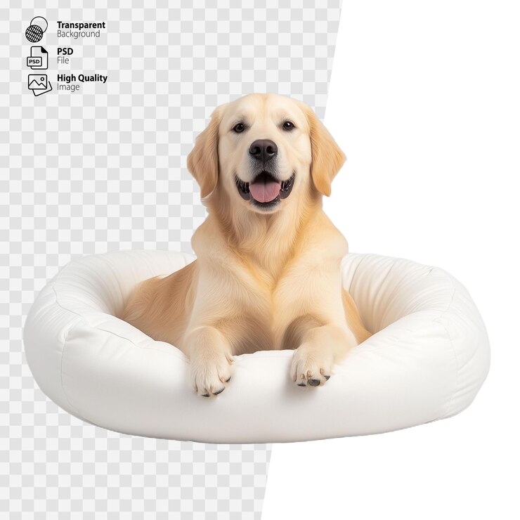 Cão retriever dourado feliz sentado em uma cama de animal de estimação branca isolado em fundo transparente