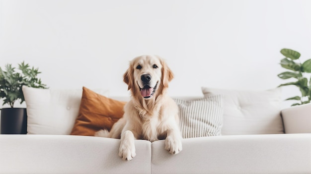 Cão retriever dourado sentado no sofá na sala de estar chill e relaxar