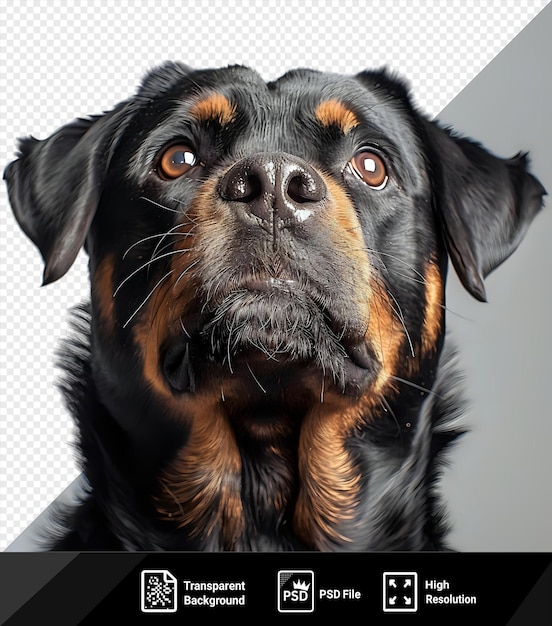 PSD cão rottweiler engraçado olhando para cima e julgando enquanto deitado e posando na frente de branco em estúdio png psd