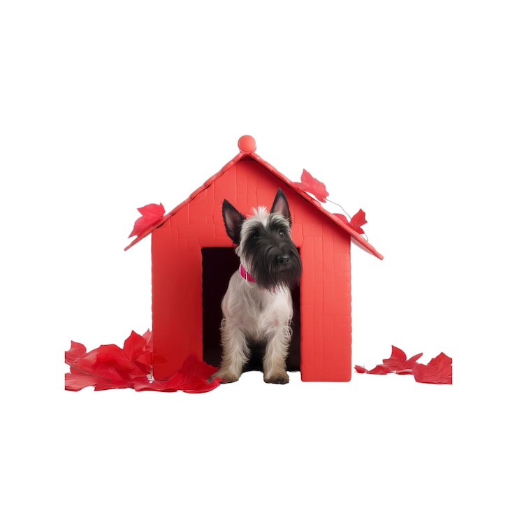 PSD cão scottie bonito em casa de cão vermelho com folhas