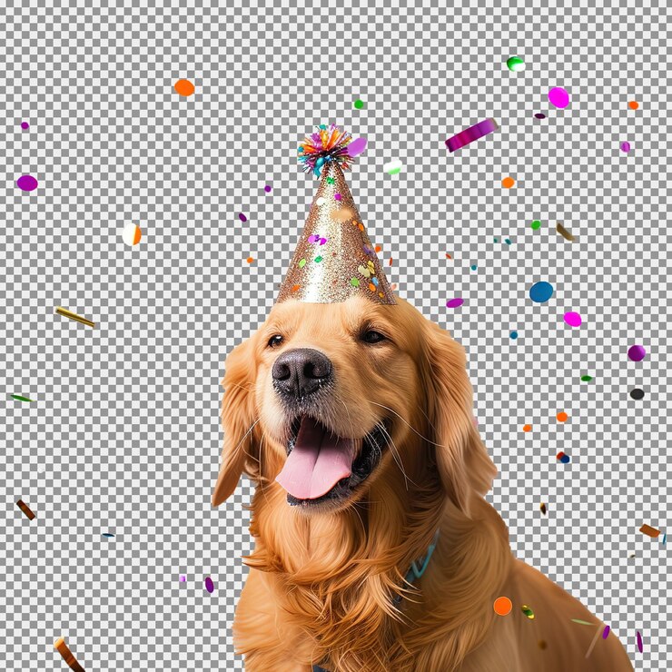 PSD cão usando chapéu de festa conceito de aniversário de cão jovem isolado em fundo branco