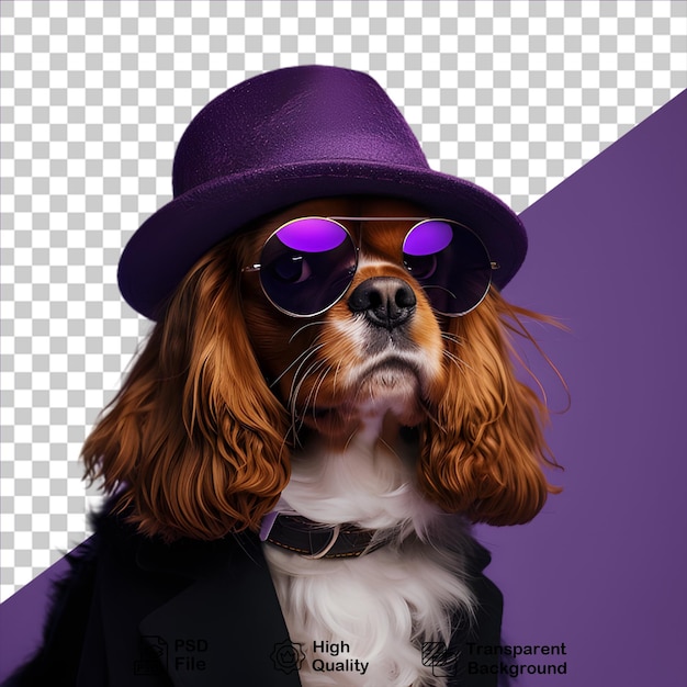 PSD cão vestindo chapéu roxo e óculos isolado em fundo transparente inclui arquivo png