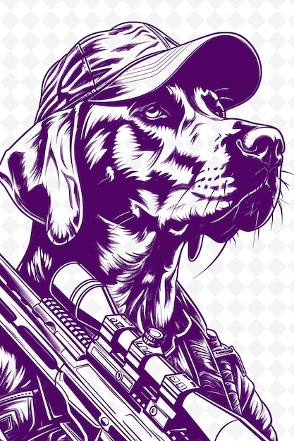 PSD cão weimaraner com um boné de caçador e rifle olhando para animais habilidosos sketch art vector collections