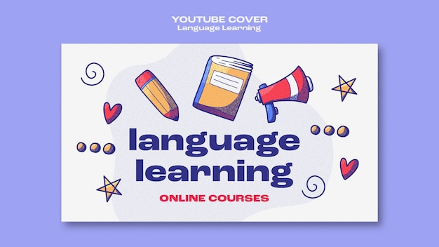 PSD capa do youtube de aprendizado de idiomas desenhada à mão