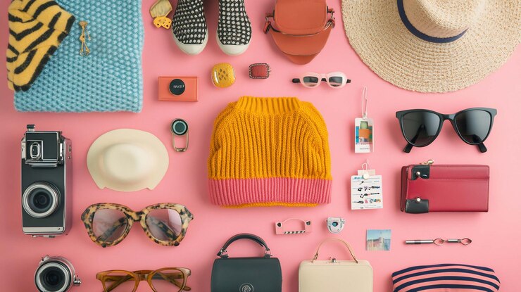 PSD una capa plana de artículos esenciales de viaje variados en un fondo rosa, incluidos accesorios de ropa y equipos fotográficos