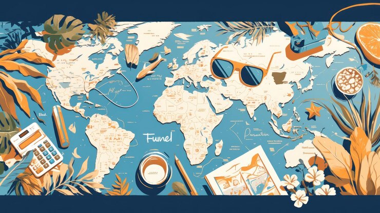 PSD una capa plana de un mapa del mundo rodeada de artículos esenciales para viajar como gafas de sol una calculadora un bolígrafo un pasaporte un avión y plantas tropicales