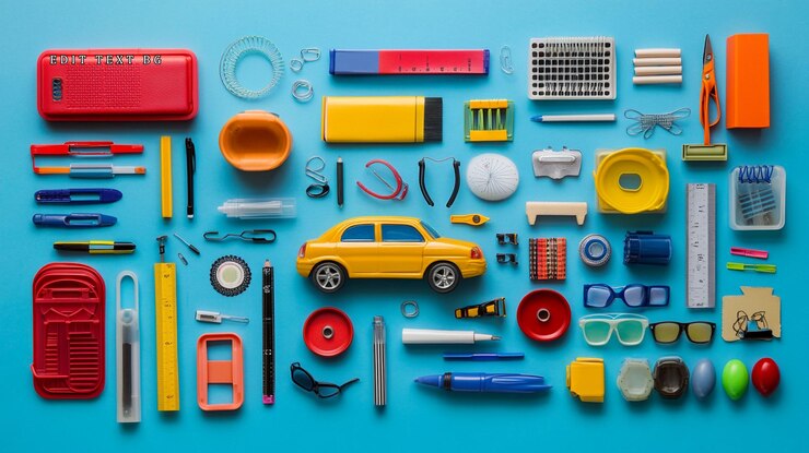 PSD una capa plana de papelería colorida y un coche de juguete sobre un fondo azul