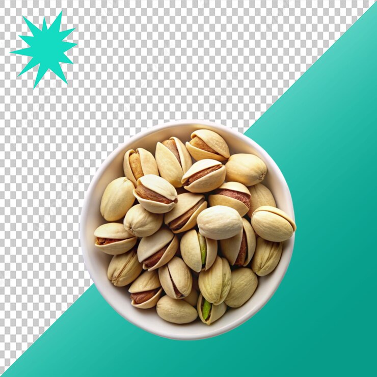 PSD una capa plana de pistachos en un cuenco blanco sobre un fondo transparente