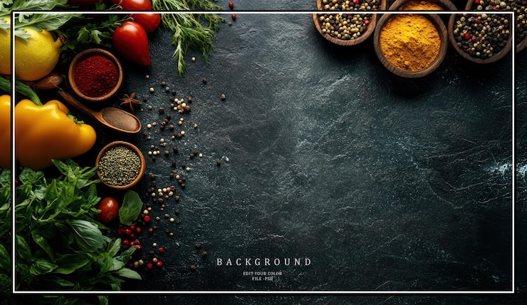 PSD una capa plana de verduras frescas y especias en un fondo oscuro con espacio de copia en el centro