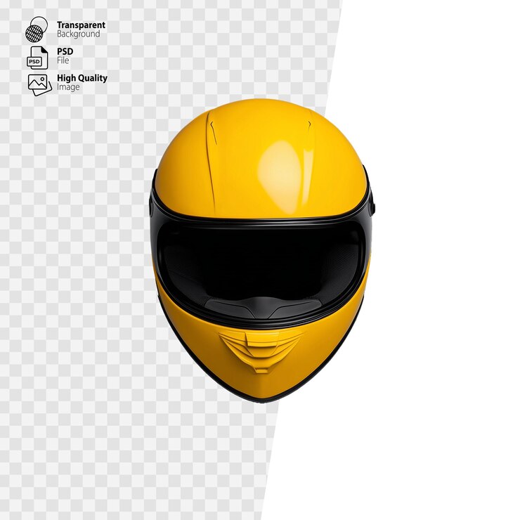 capacete de motocicleta amarelo com visor preto exibido em um fundo transparente simbolizando segurança e aventura