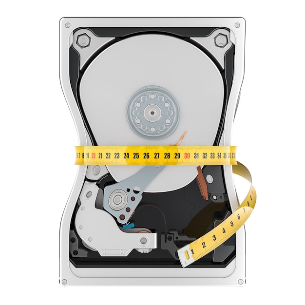 Capacità di archiviazione Concept HDD Disco rigido con nastro di misurazione intorno al rendering 3D isolato su sfondo trasparente