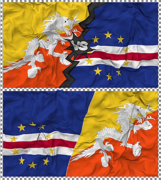Capo Verde contro Bhutan Metà bandiera combinata Tessuto Bump Texture Rendering 3D