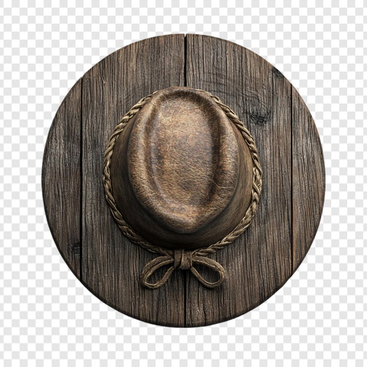 PSD cappello da cowboy d'epoca su uno sfondo di legno rustico