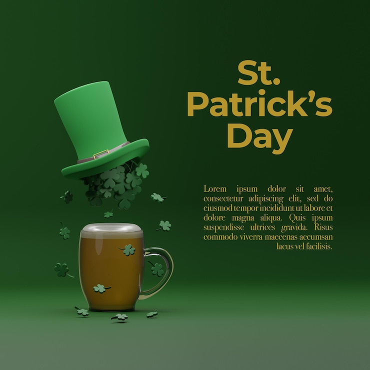 PSD cappello del giorno di san patrizio, pentola con monete d'oro e birra su sfondo verde. illustrazione di rendering 3d
