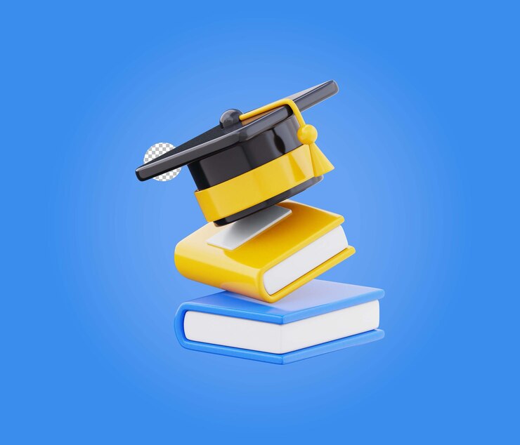 PSD cappello di laurea con icona di pila di libri simbolo di laurea dell'istruzione illustrazione 3d