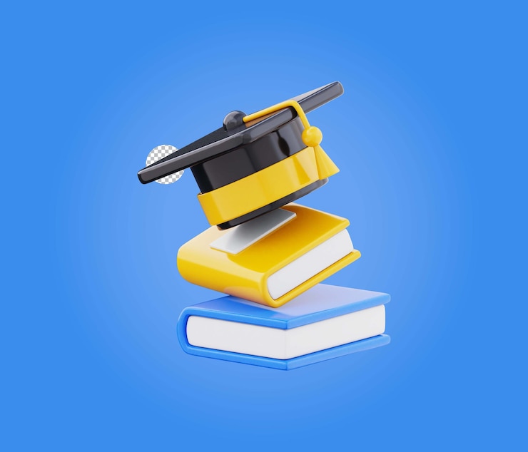 PSD cappello di laurea con icona di pila di libri simbolo di laurea dell'istruzione illustrazione 3d