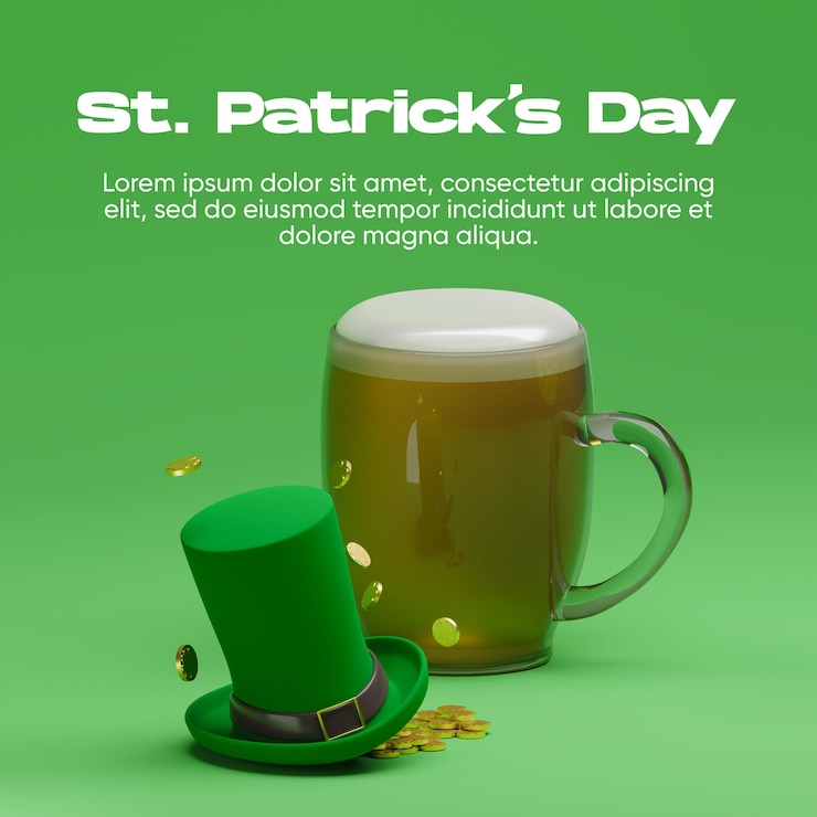 PSD cappello e birra del giorno di san patrizio su sfondo verde. illustrazione di rendering 3d