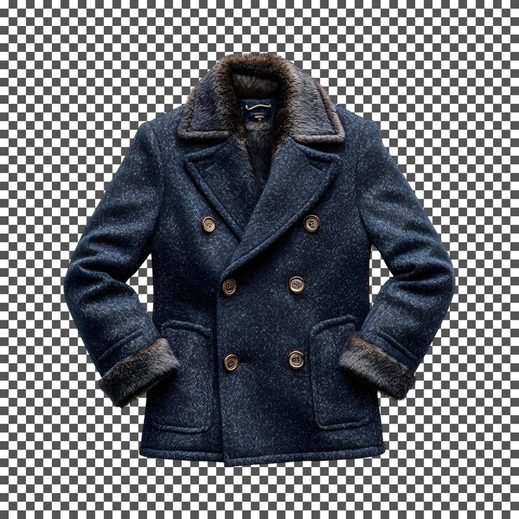 PSD cappotto da uomo navy peacock con collare di pelliccia finta isolato su sfondo trasparente