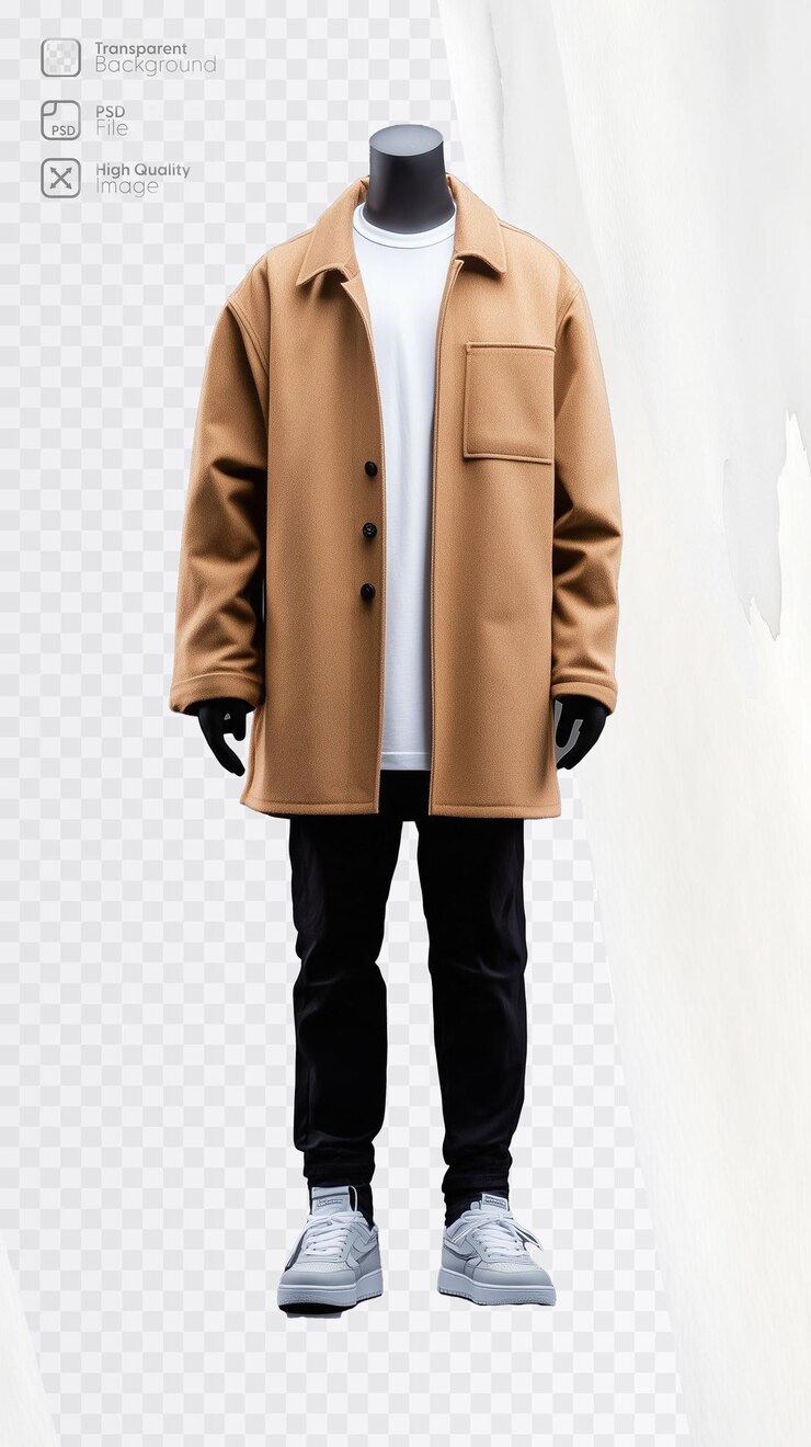 PSD cappotto marrone con pantaloni neri e scarpe da ginnastica bianche su sfondo trasparente