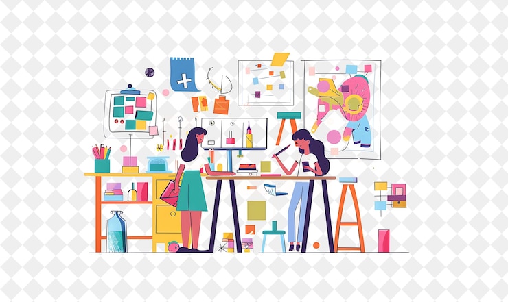 PSD capriccioso progettista di prodotti con personaggi che progettano e creano persone png nell'illustrazione del lavoro quotidiano