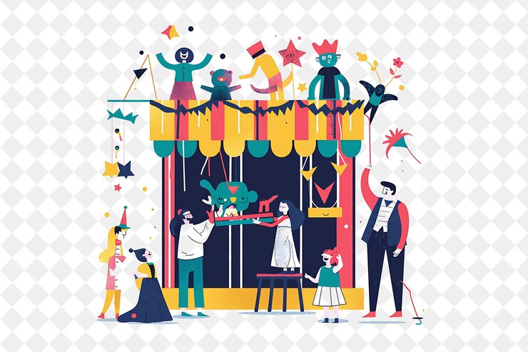 PSD capricho puppeteer com personagens criando e executando pessoas png em ilustração de trabalho diário