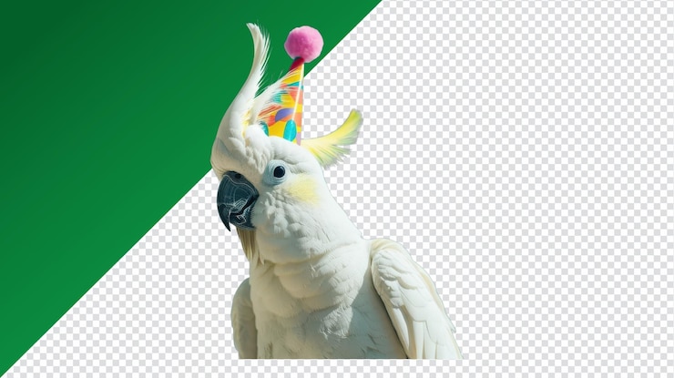 PSD la caprichosa cacatúa celebra con un sombrero de fiesta