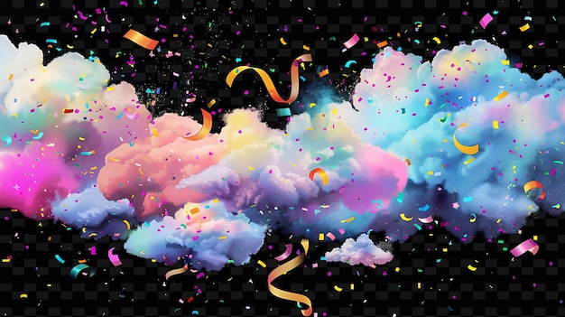 La caprichosa nube de algodón de caramelo con cintas de arco iris y la colección de decoración de colores y formas de neón confet