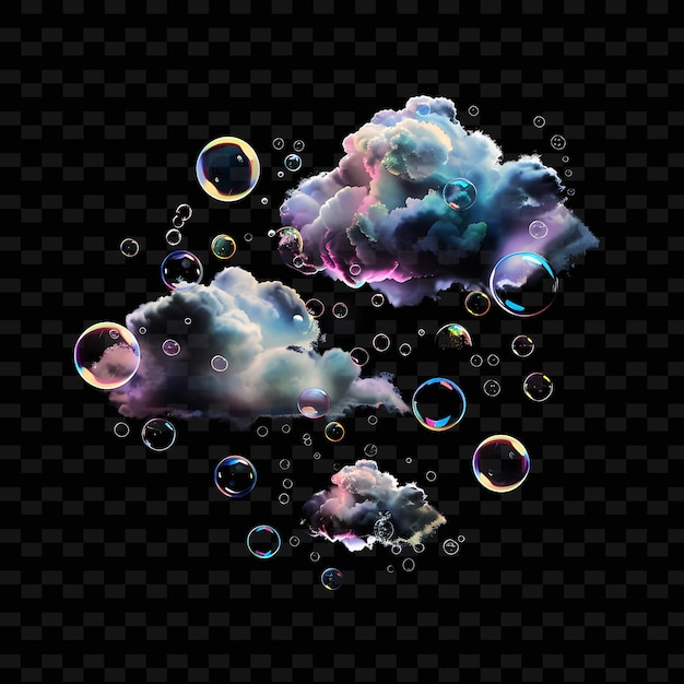 PSD la caprichosa nube lenticular con burbujas flotantes y la colección de decoración de forma de color neón de iridesc