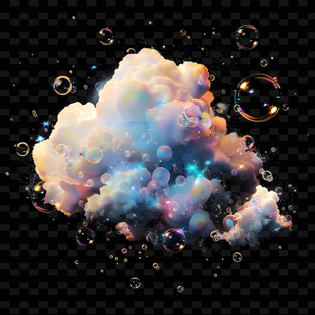 PSD la caprichosa nube lenticular con burbujas flotantes y la colección de decoración de forma de color neón de iridesc