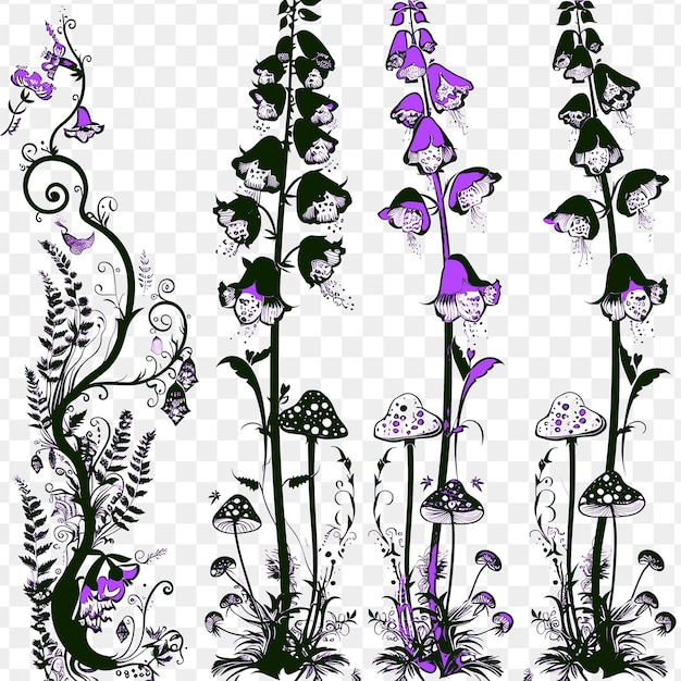 PSD las caprichosas flores de foxglove bordean el diseño con el tatuaje de fairy tal art natural outline scribble