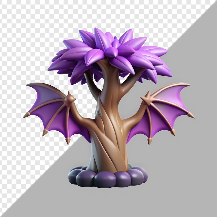 PSD el caprichoso árbol púrpura con alas de dragón de colores vibrantes y diseño fantástico