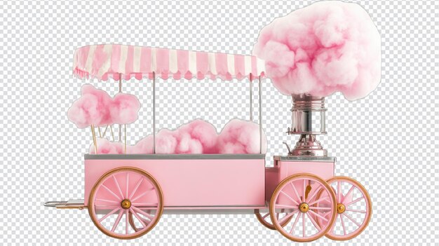 Un caprichoso carrito de algodón de azúcar rosado con nubes espumosas de algodó de azúcar está listo para deleitarse en una feria o carnaval durante una tarde soleada