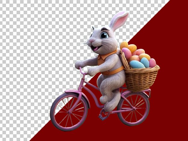 PSD un caprichoso conejo de pascua en 3d montando una bicicleta con huevos