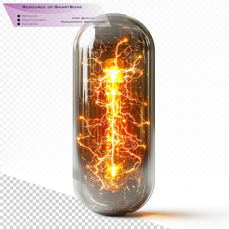 PSD una cápsula brillante que contiene energía eléctrica sobre un fondo transparente