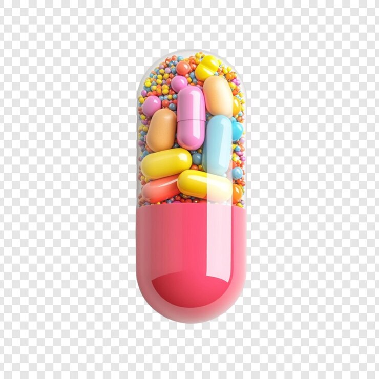 PSD una cápsula gigante llena de pastillas de colores y bolas pequeñas