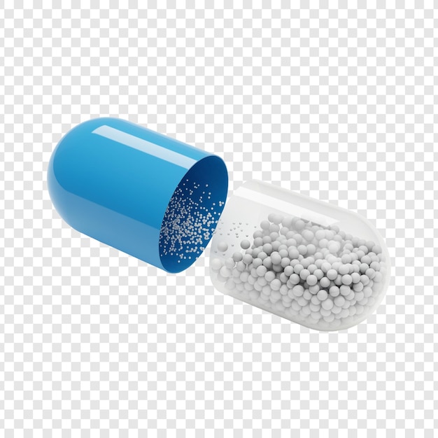 Capsula médica azul y blanca abierta sobre un fondo transparente