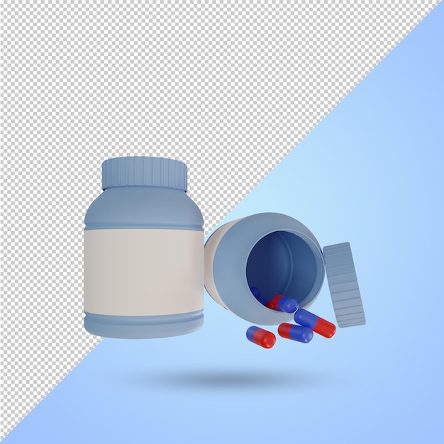 Cápsula de píldora de medicina con botella de plástico 3D Render ilustración, medicina y concepto de salud.