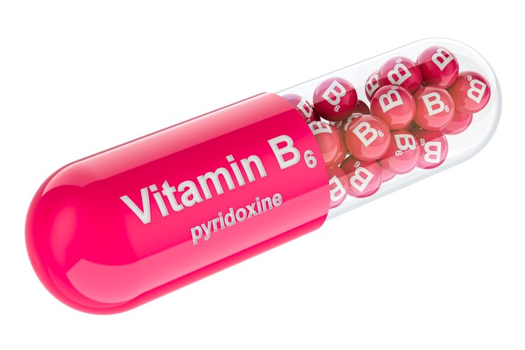 PSD capsula de vitamina b6 con representación 3d de piridoxina aislada sobre un fondo transparente