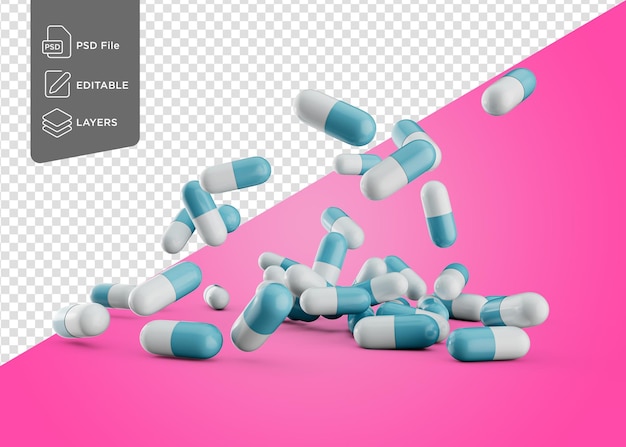 Las cápsulas farmacéuticas de antibióticos azules y blancas caen sobre un fondo rosado suave Ilustración 3d