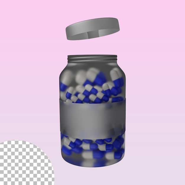 Cápsulas de medicina en una botella y fuera de 3D Render