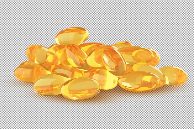 Cápsulas Omega 3 em renderização 3D de fundo alfa