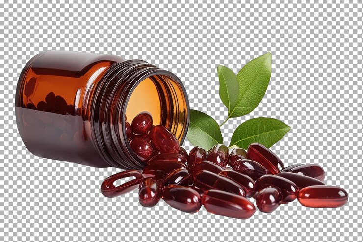 PSD capsulas de suplementos de hierro aisladas sobre un fondo transparente