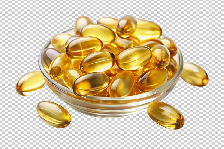 PSD capsule di olio di pesce in una ciotola trasparente