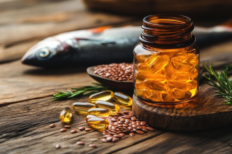 PSD capsule di olio di pesce omega-3 con semi di lino su fondo di legno