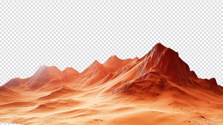 PSD captivador paisaje marciano con extensas dunas rojas aisladas en un fondo transparente para proyectos futuristas