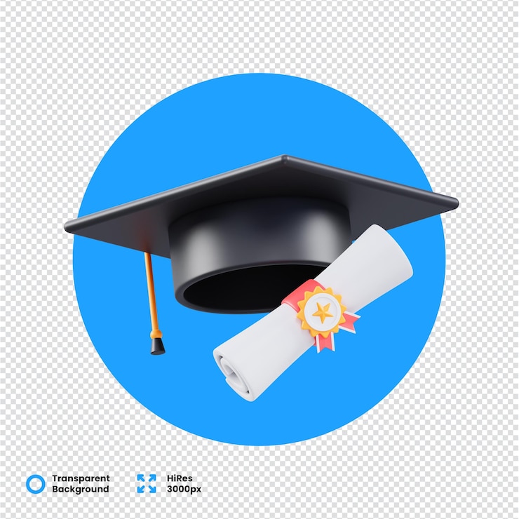 PSD capuchón de graduación 3d y certificado sobre fondo transparente