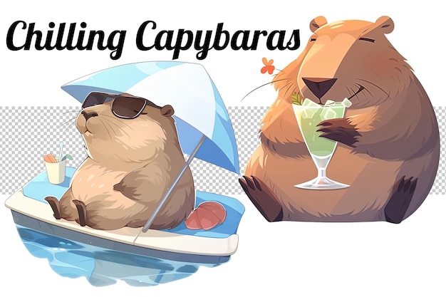 PSD capybaras chilling au bord de la piscine clipart design