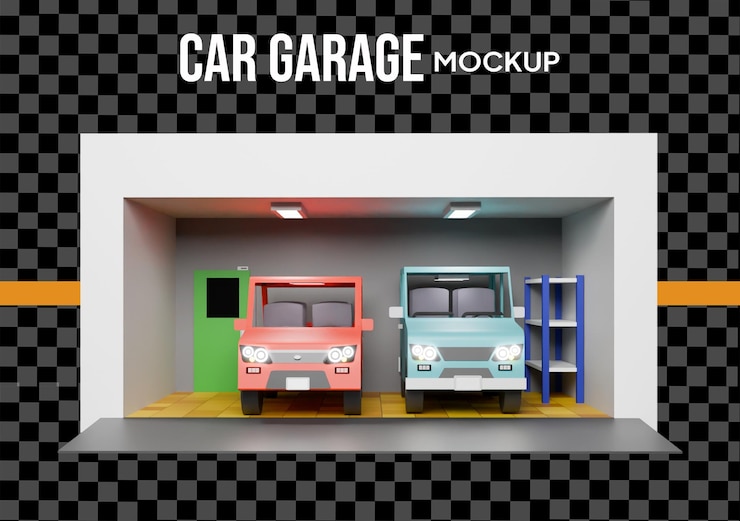 PSD car garage mockup 3d rendered scene
