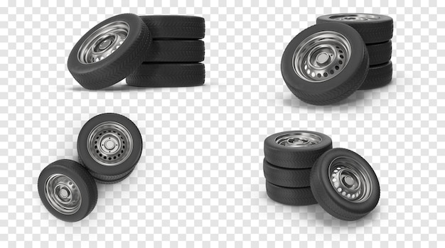 Car tires and wheels in stack and isolated view