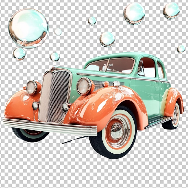 PSD car wash bolle di auto d'epoca e tasse su sfondo trasparente